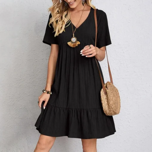 Loose V-neck Pleated Dress - Image 5