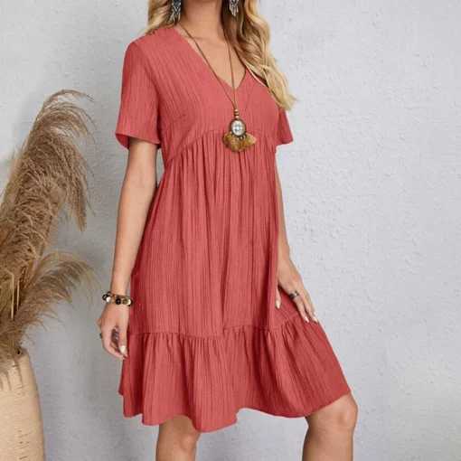 Loose V-neck Pleated Dress - Image 19