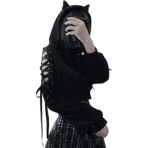 Gothic Cat Ear Crop Top Hoodie - Image 6