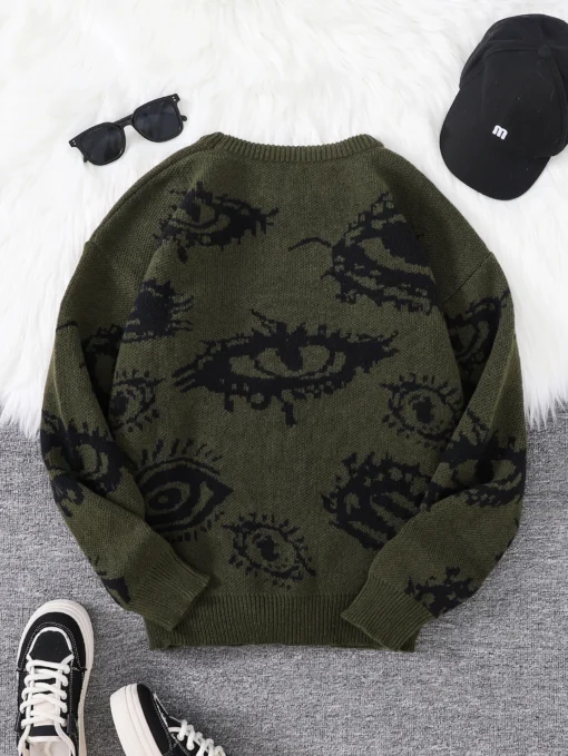 Abstract Eye Jacquard Pattern Pullover Sweater - Image 2