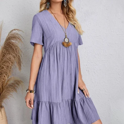 Loose V-neck Pleated Dress - Image 14