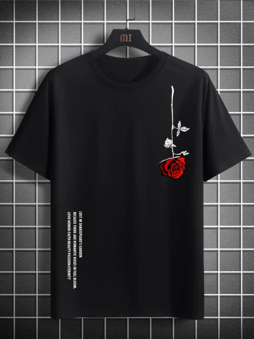 Summer Loose Size 100% Cotton Rose Print T-Shirt - Image 4