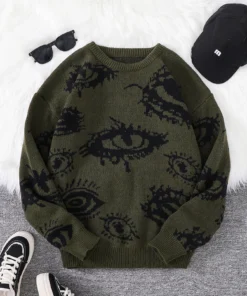 Abstract Eye Jacquard Pattern Pullover Sweater
