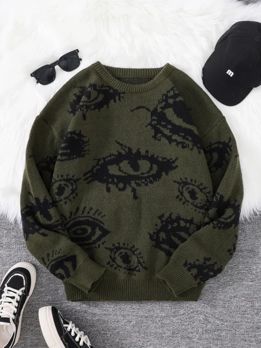 Abstract Eye Jacquard Pattern Pullover Sweater