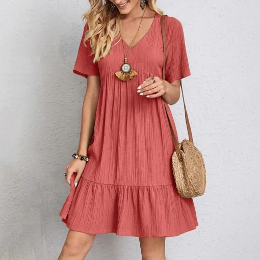 Loose V-neck Pleated Dress - Image 6