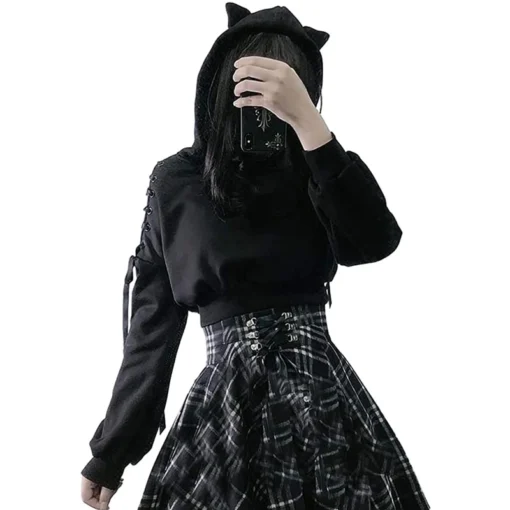 Gothic Cat Ear Crop Top Hoodie - Image 5