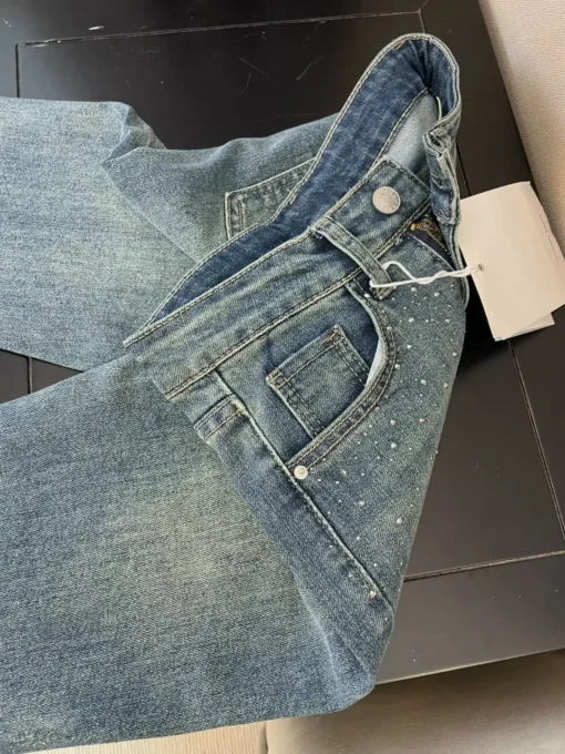 Retro Washed Diamond-Encrusted Jeans - Image 9