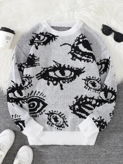 Abstract Eye Jacquard Pattern Pullover Sweater - Image 12