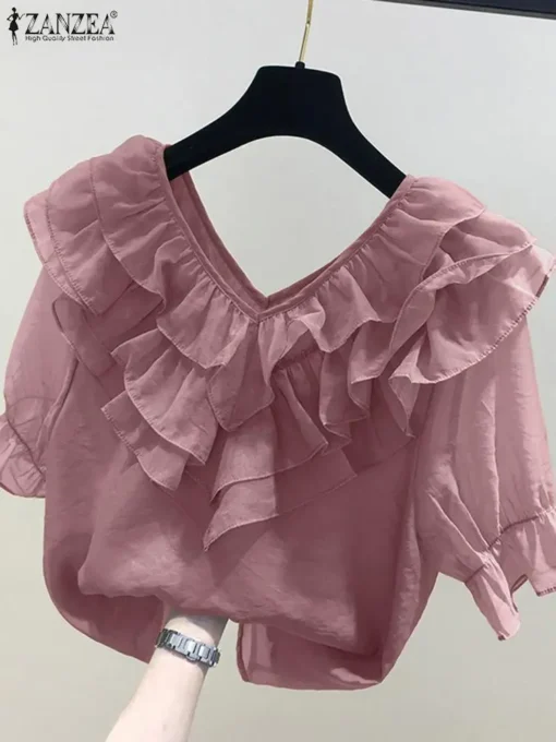 ZANZEA Solid Ruffle Blouse - Image 3