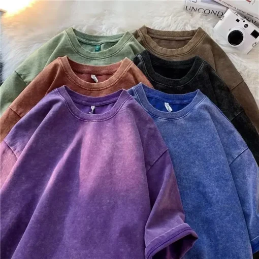 American Style Retro Heavyweight Solid Color Short Sleeved T-shirt - Image 23