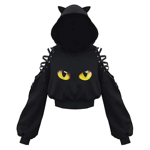 Gothic Cat Ear Crop Top Hoodie - Image 4