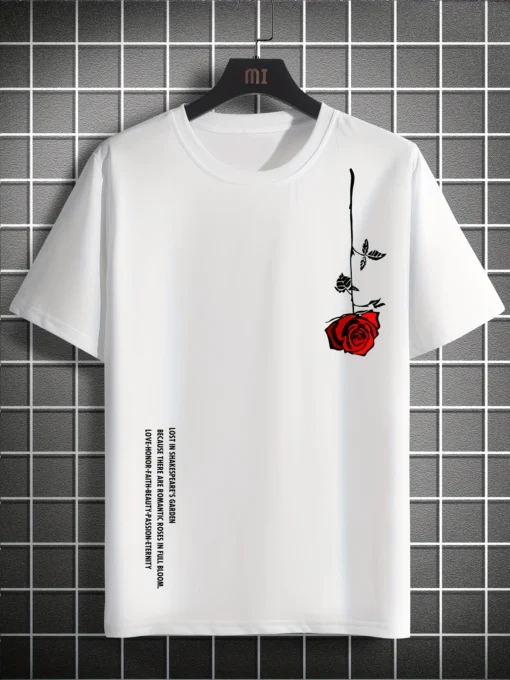 Summer Loose Size 100% Cotton Rose Print T-Shirt