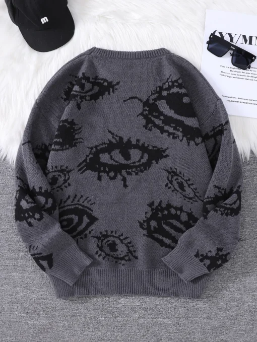 Abstract Eye Jacquard Pattern Pullover Sweater - Image 13