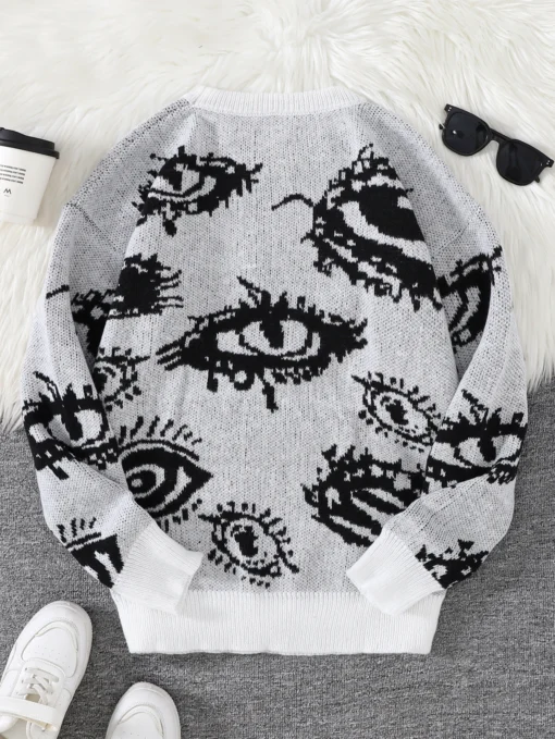 Abstract Eye Jacquard Pattern Pullover Sweater - Image 17