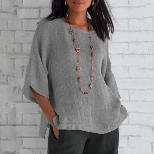 O-Neck Cotton Linen Blouse - Image 5
