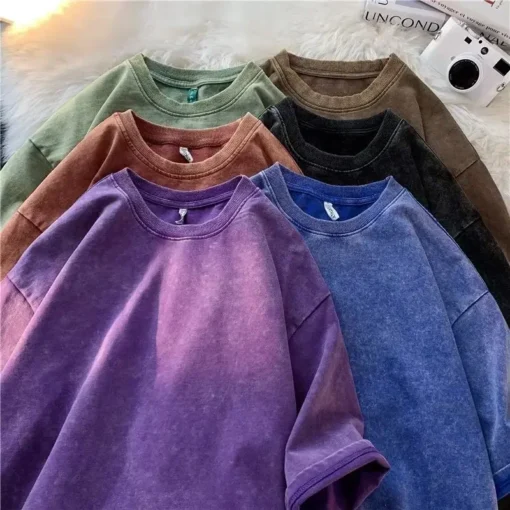 American Style Retro Heavyweight Solid Color Short Sleeved T-shirt - Image 5