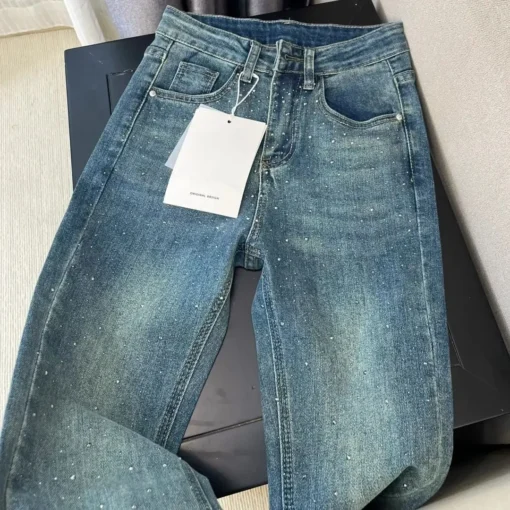 Retro Washed Diamond-Encrusted Jeans - Image 5