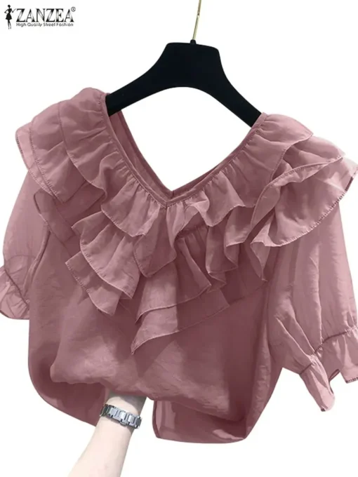 ZANZEA Solid Ruffle Blouse - Image 4