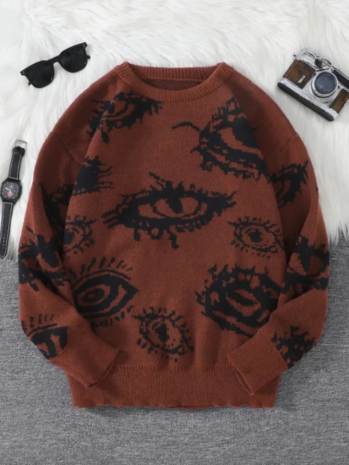 Abstract Eye Jacquard Pattern Pullover Sweater - Image 10