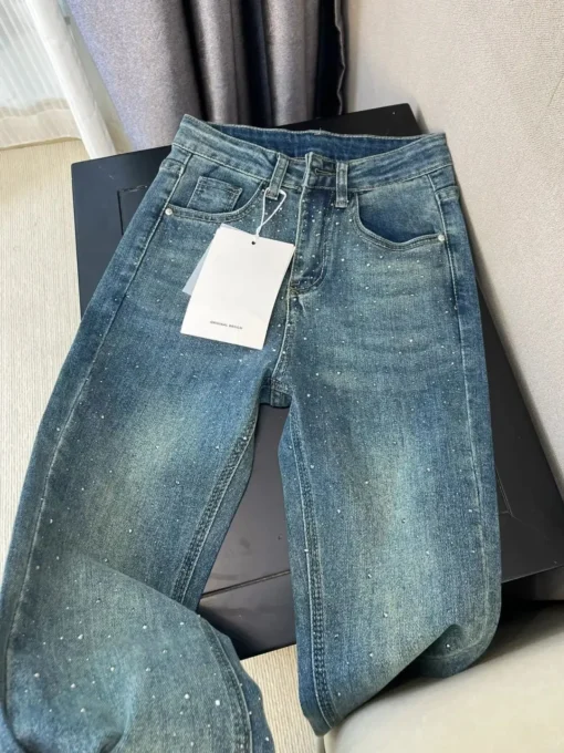 Retro Washed Diamond-Encrusted Jeans - Image 3