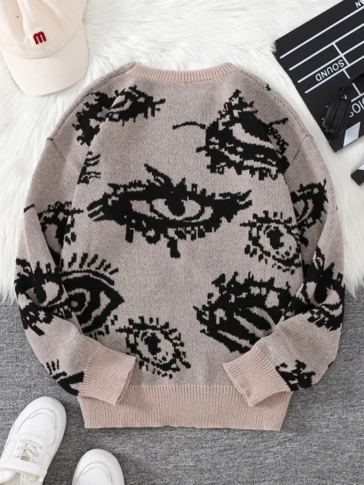 Abstract Eye Jacquard Pattern Pullover Sweater - Image 18