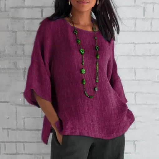 O-Neck Cotton Linen Blouse - Image 3