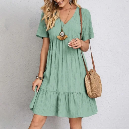 Loose V-neck Pleated Dress - Image 2