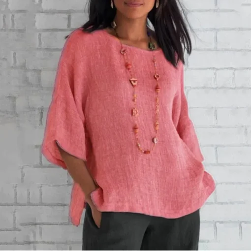 O-Neck Cotton Linen Blouse - Image 2