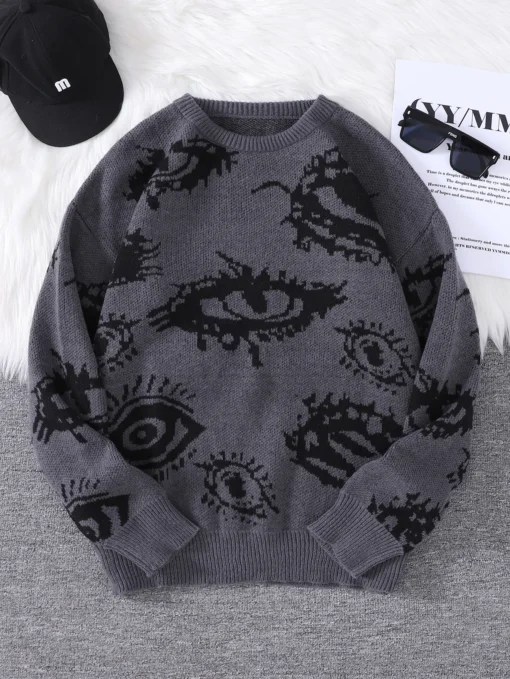 Abstract Eye Jacquard Pattern Pullover Sweater - Image 11