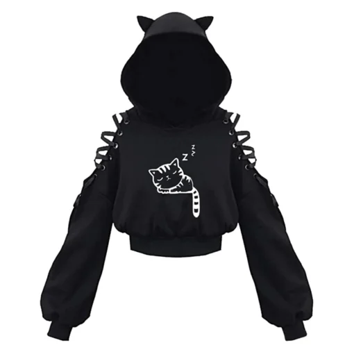 Gothic Cat Ear Crop Top Hoodie - Image 2