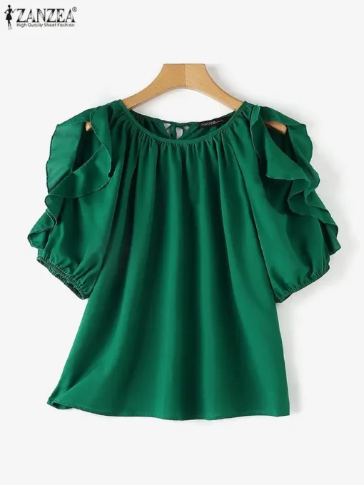 ZANZEA Cold Shoulder Ruffle Blouse - Image 4