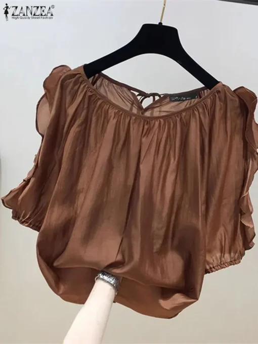ZANZEA Cold Shoulder Ruffle Blouse - Image 3