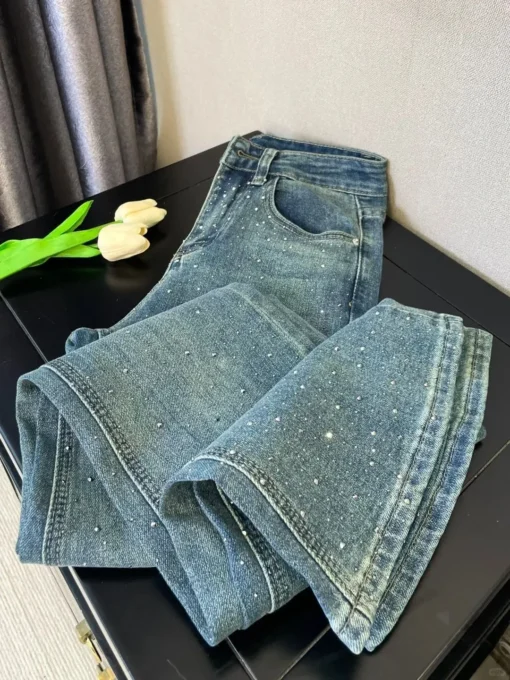 Retro Washed Diamond-Encrusted Jeans