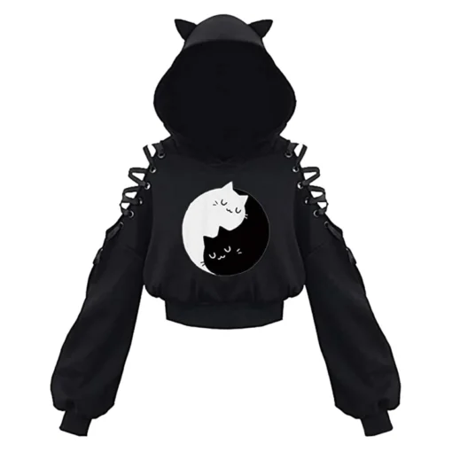 Gothic Cat Ear Crop Top Hoodie - Image 3