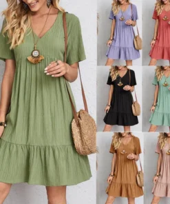 Loose V-neck Pleated Dress