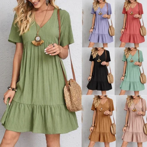 Loose V-neck Pleated Dress
