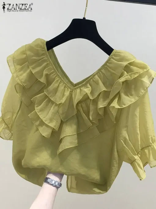 ZANZEA Solid Ruffle Blouse - Image 2