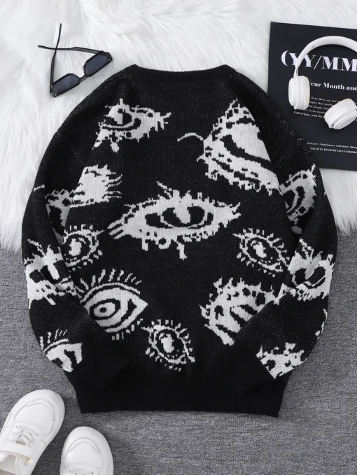 Abstract Eye Jacquard Pattern Pullover Sweater - Image 14