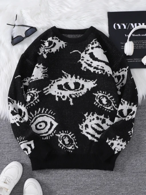 Abstract Eye Jacquard Pattern Pullover Sweater - Image 9