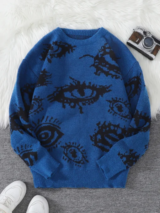 Abstract Eye Jacquard Pattern Pullover Sweater - Image 8
