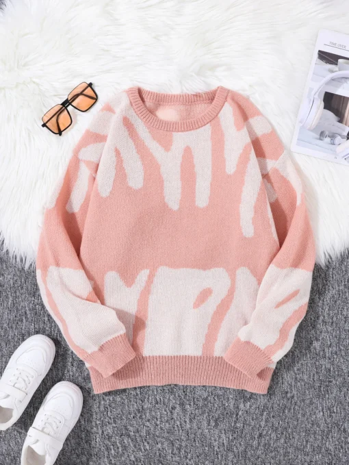 Irregular Jacquard Pattern Pullover Sweater - Image 8